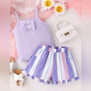 Colorful Girls Top and Purple/Blue Stripped Shorts Set 7 years